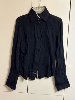 Women's Navy Button Down Sheer Shirt Long Sleeve Button Up Wrists
